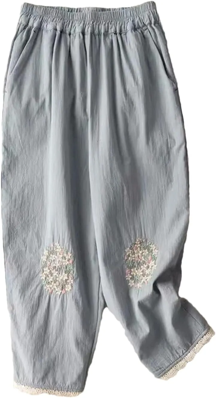 Dndrdhfb Women's Cotton Wide Leg Pants Elastic Waist Trousers Casual Breathable Harem Pants
