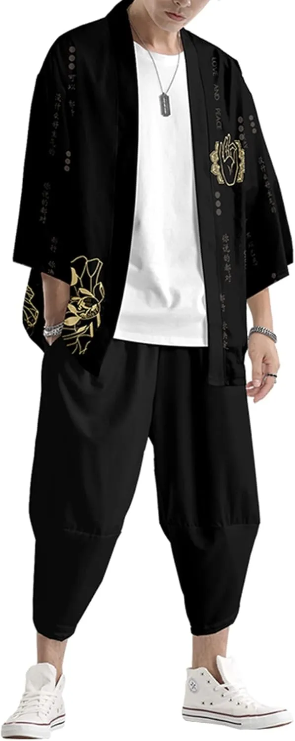 DOSLAVIDA Men's Japanese Kimono Jacket Set Stylish Open Front Coat With Shorts Chinese Style Printed Cardigan Suits