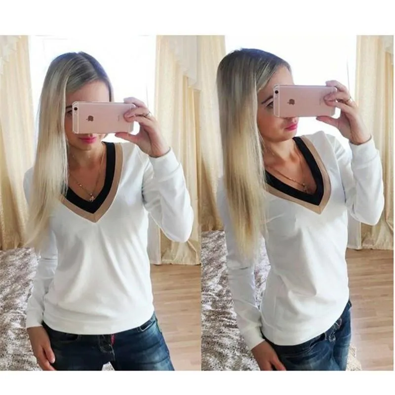 Double V-neck Patchwork Long Sleeves Sheath Slim Blouse