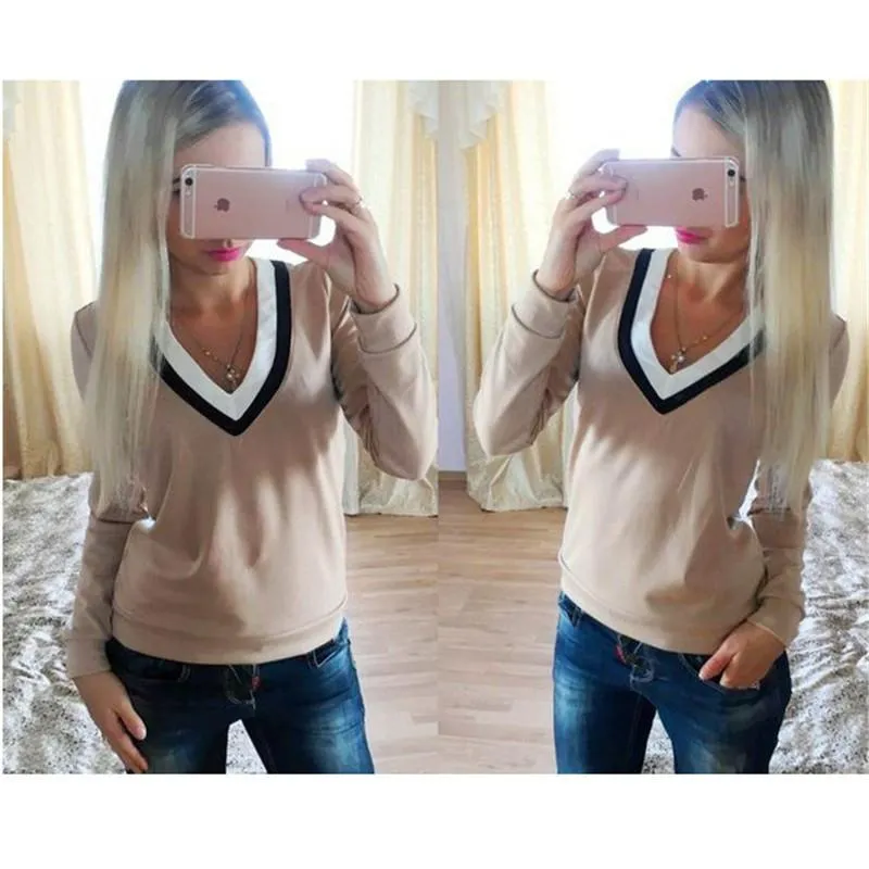 Double V-neck Patchwork Long Sleeves Sheath Slim Blouse