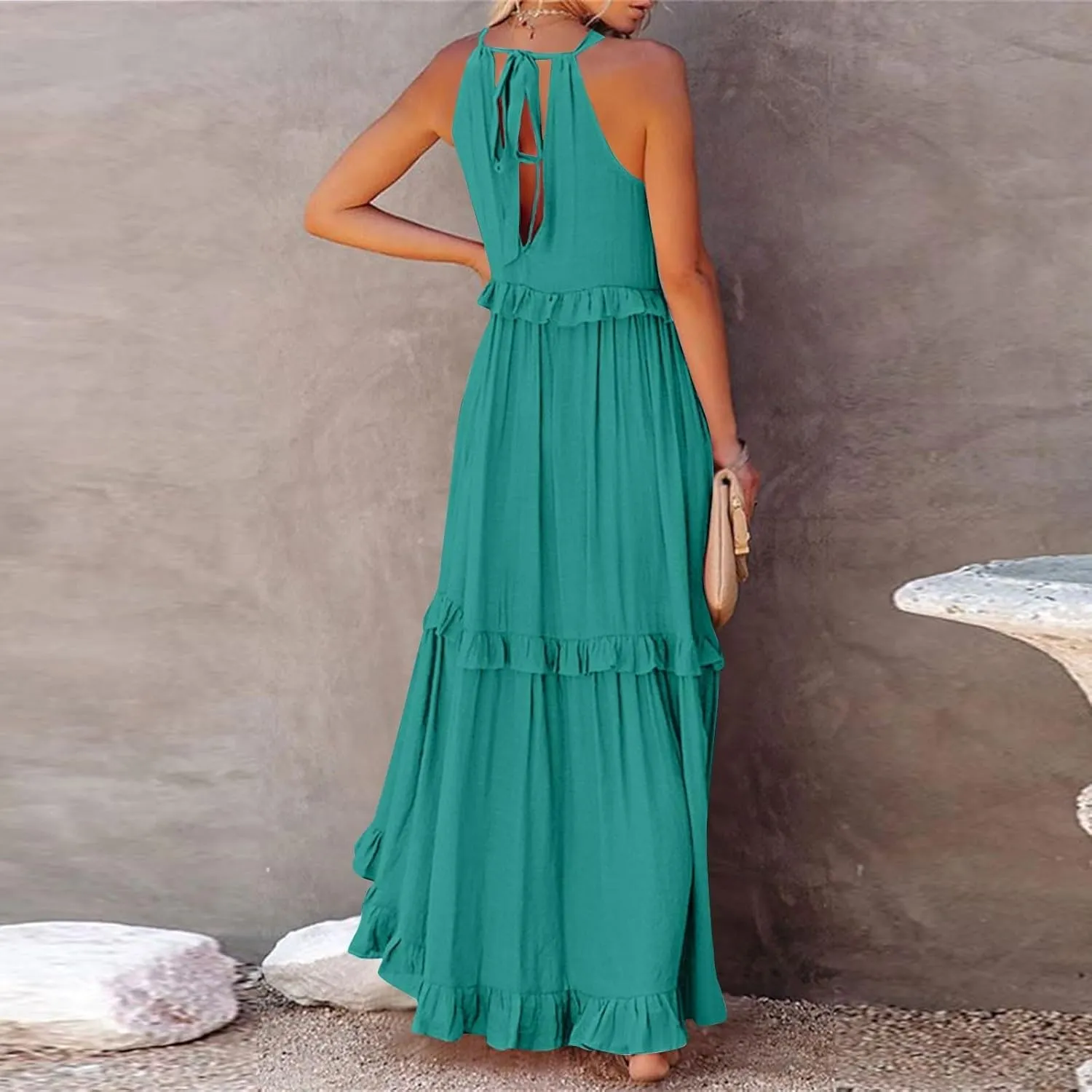Dresses for Women Loose Plain Maxi Big Swing Beach Dress 2024 Shoulder Sleeveless Ruffle Hem Flowy Long Dresses