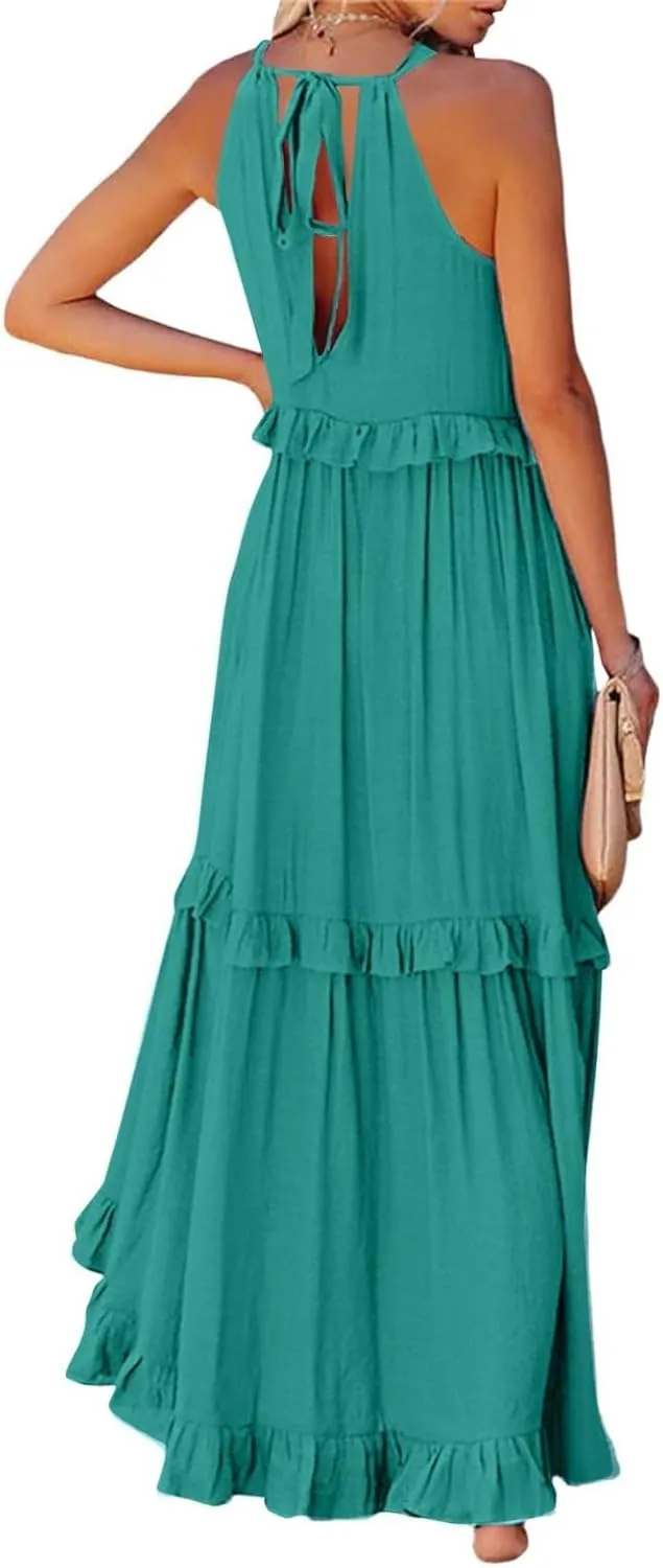 Dresses for Women Loose Plain Maxi Big Swing Beach Dress 2024 Shoulder Sleeveless Ruffle Hem Flowy Long Dresses