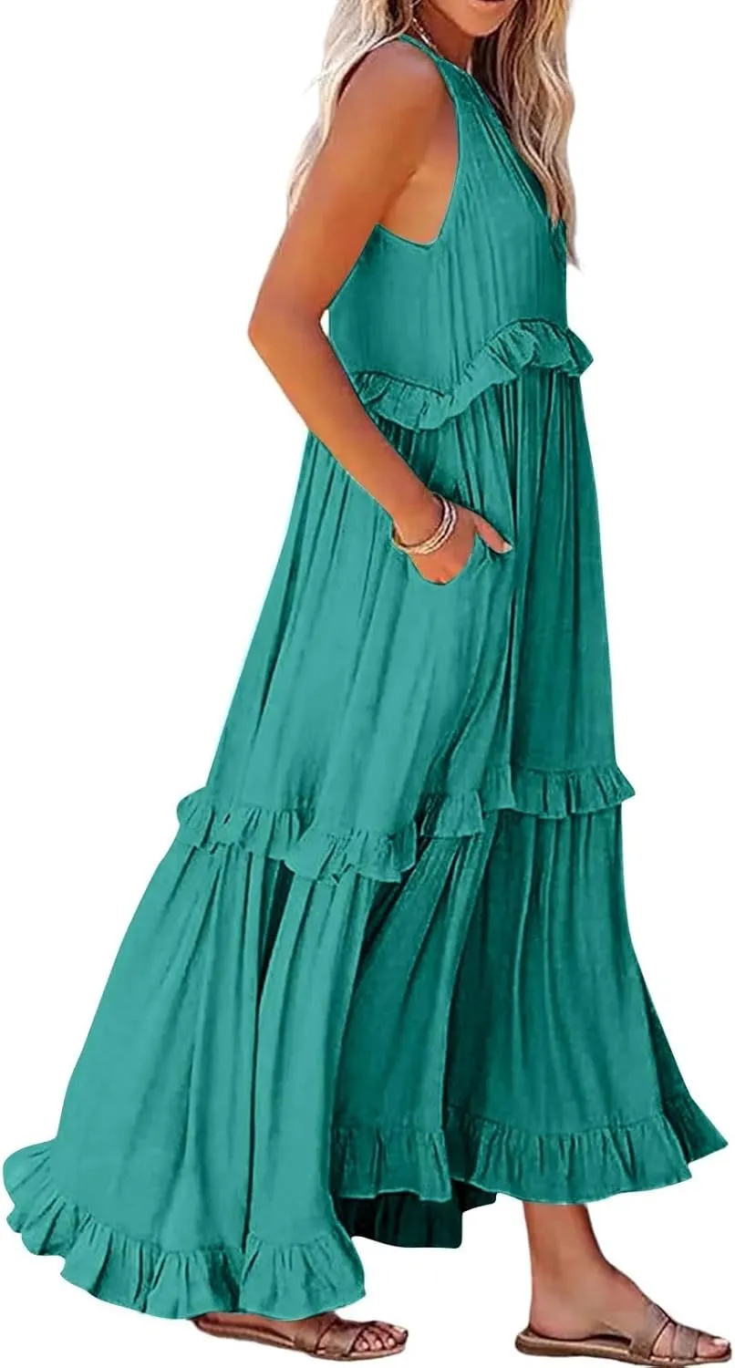 Dresses for Women Loose Plain Maxi Big Swing Beach Dress 2024 Shoulder Sleeveless Ruffle Hem Flowy Long Dresses