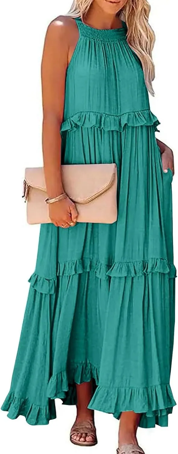 Dresses for Women Loose Plain Maxi Big Swing Beach Dress 2024 Shoulder Sleeveless Ruffle Hem Flowy Long Dresses