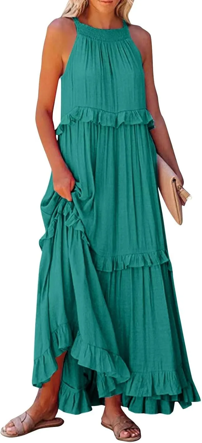 Dresses for Women Loose Plain Maxi Big Swing Beach Dress 2024 Shoulder Sleeveless Ruffle Hem Flowy Long Dresses