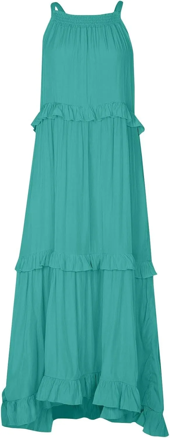Dresses for Women Loose Plain Maxi Big Swing Beach Dress 2024 Shoulder Sleeveless Ruffle Hem Flowy Long Dresses