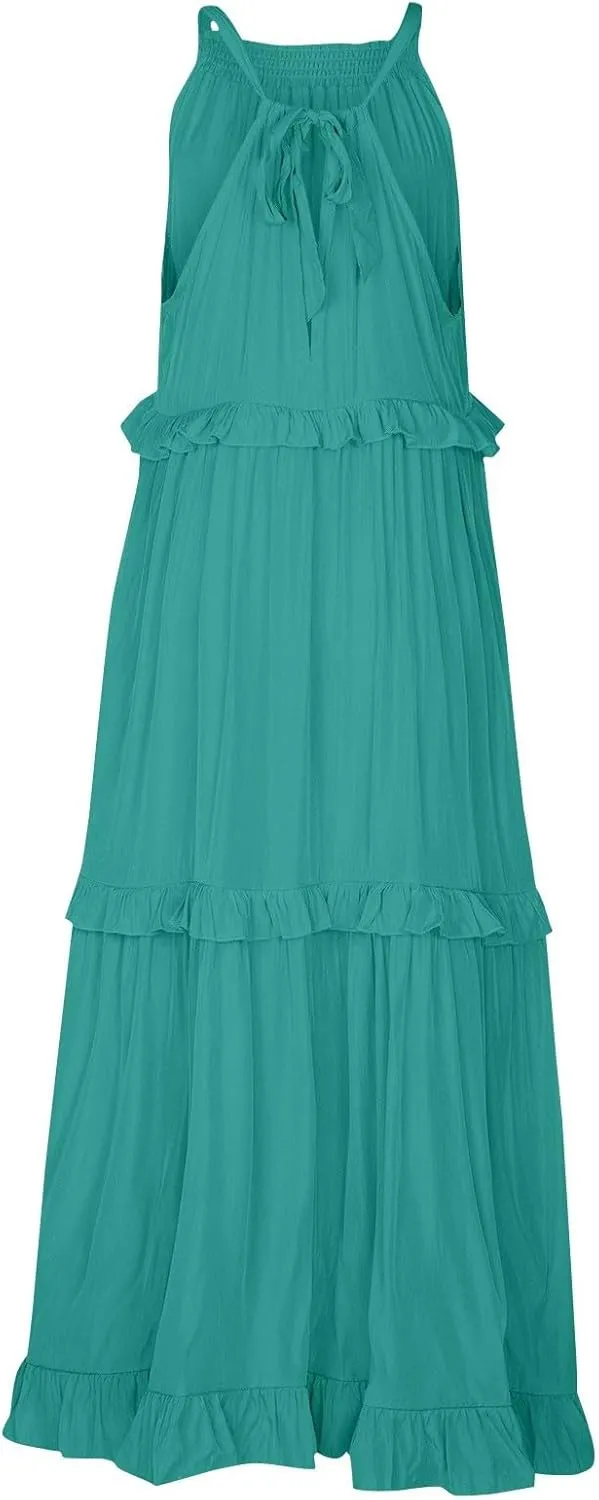 Dresses for Women Loose Plain Maxi Big Swing Beach Dress 2024 Shoulder Sleeveless Ruffle Hem Flowy Long Dresses