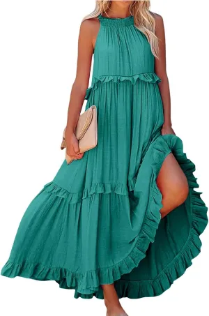 Dresses for Women Loose Plain Maxi Big Swing Beach Dress 2024 Shoulder Sleeveless Ruffle Hem Flowy Long Dresses