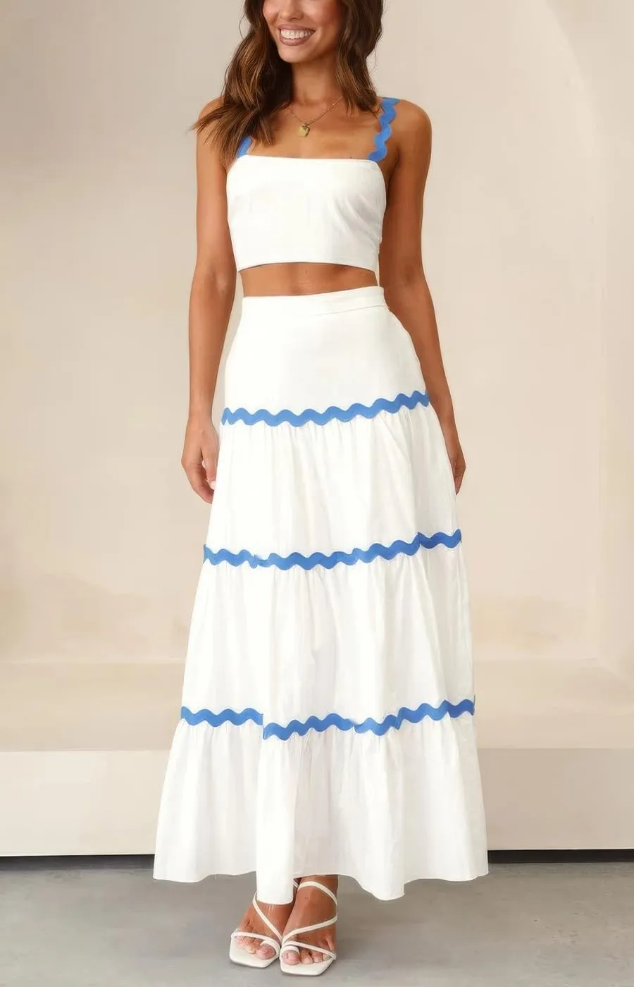 ebossy Women's Summer 2 Piece Dress Ricrac Smocked Cami Crop Top Boho Elastic Waist Tiered Flowy A-line Long Skirt Sets