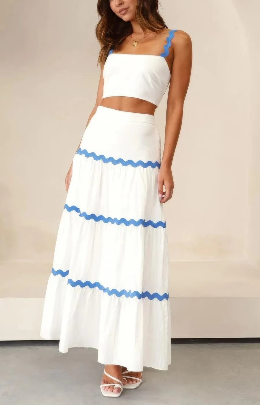 ebossy Women's Summer 2 Piece Dress Ricrac Smocked Cami Crop Top Boho Elastic Waist Tiered Flowy A-line Long Skirt Sets