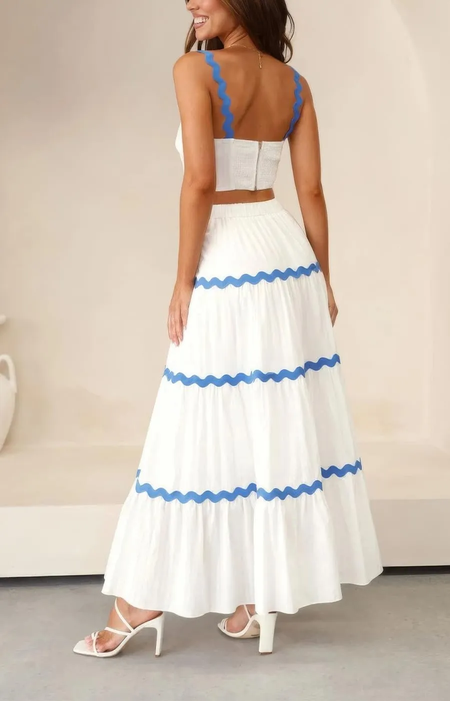 ebossy Women's Summer 2 Piece Dress Ricrac Smocked Cami Crop Top Boho Elastic Waist Tiered Flowy A-line Long Skirt Sets