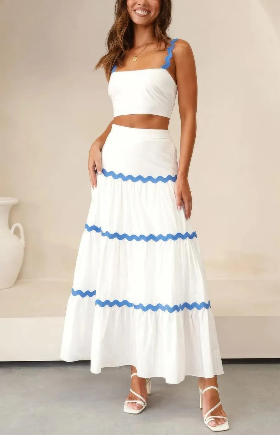 ebossy Women's Summer 2 Piece Dress Ricrac Smocked Cami Crop Top Boho Elastic Waist Tiered Flowy A-line Long Skirt Sets