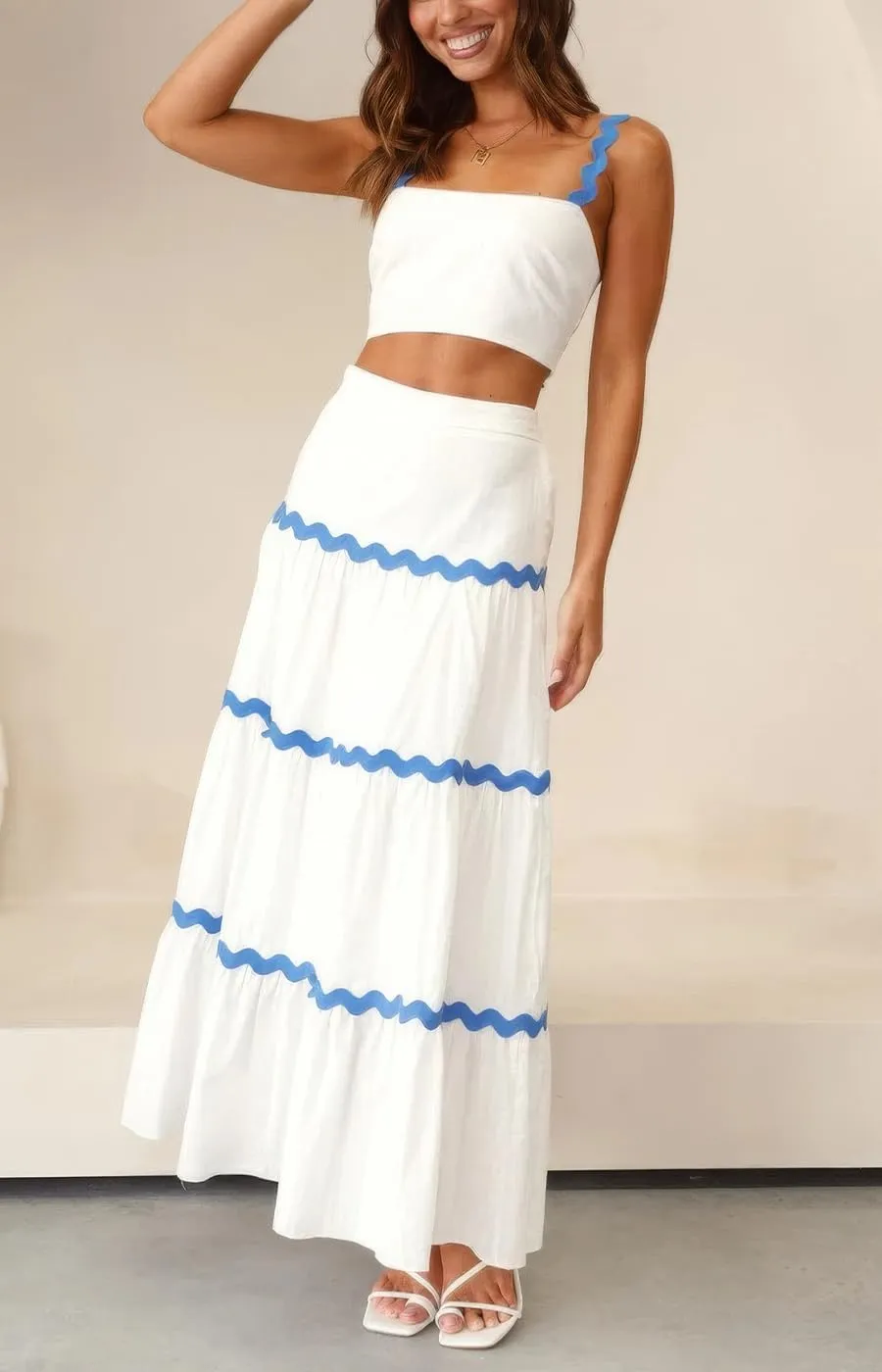 ebossy Women's Summer 2 Piece Dress Ricrac Smocked Cami Crop Top Boho Elastic Waist Tiered Flowy A-line Long Skirt Sets