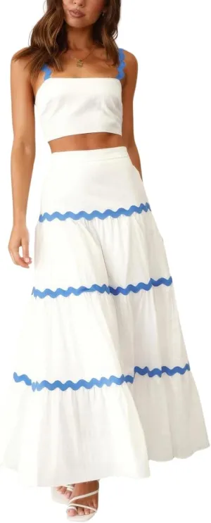 ebossy Women's Summer 2 Piece Dress Ricrac Smocked Cami Crop Top Boho Elastic Waist Tiered Flowy A-line Long Skirt Sets
