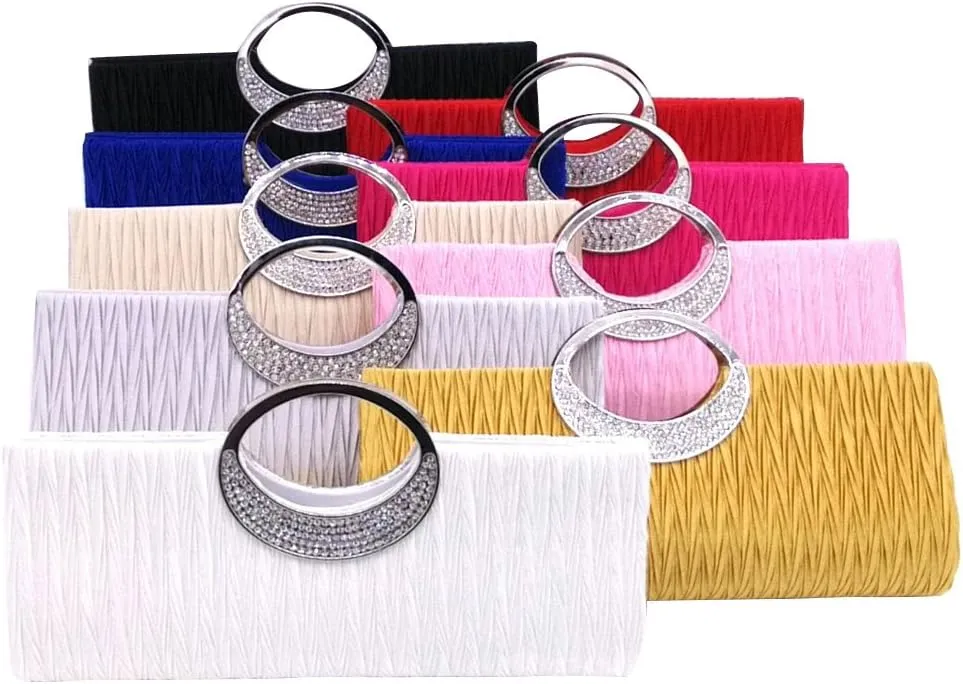 ELEOPTION Women's Evening Bags And Clutches Handbag Purse With Rhinestone Shining Ring Pleated Satin For Wedding Party