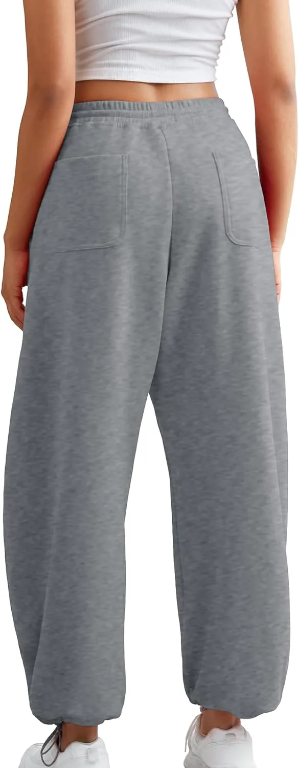 ELLEVEN Women's Y2K Wide Leg Sweatpants - High Elastic Waist Baggy Pants with Pockets & Adjustable Ankle Drawstring Cuffs