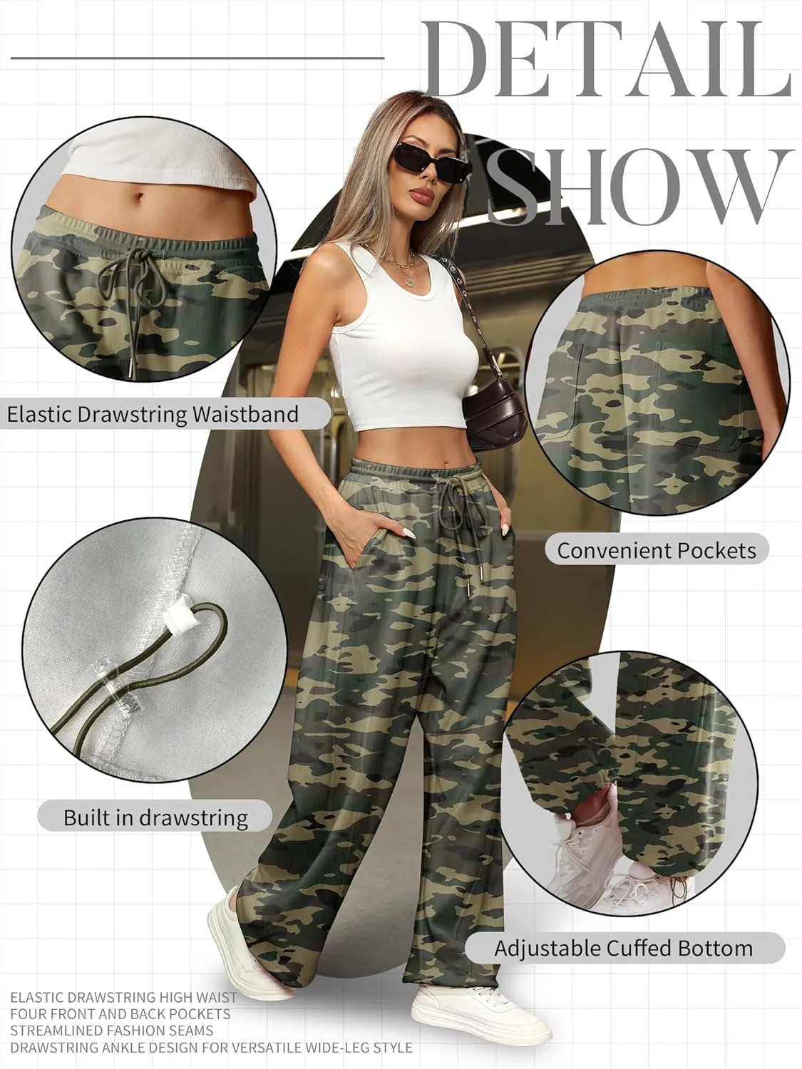 ELLEVEN Women's Y2K Wide Leg Sweatpants - High Elastic Waist Baggy Pants with Pockets & Adjustable Ankle Drawstring Cuffs