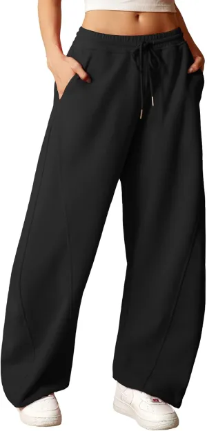 ELLEVEN Women's Y2K Wide Leg Sweatpants - High Elastic Waist Baggy Pants with Pockets & Adjustable Ankle Drawstring Cuffs