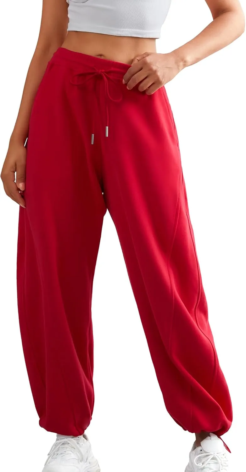 ELLEVEN Women's Y2K Wide Leg Sweatpants - High Elastic Waist Baggy Pants with Pockets & Adjustable Ankle Drawstring Cuffs