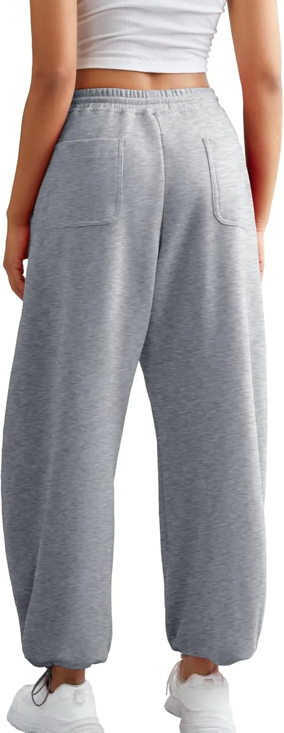 ELLEVEN Women's Y2K Wide Leg Sweatpants - High Elastic Waist Baggy Pants with Pockets & Adjustable Ankle Drawstring Cuffs