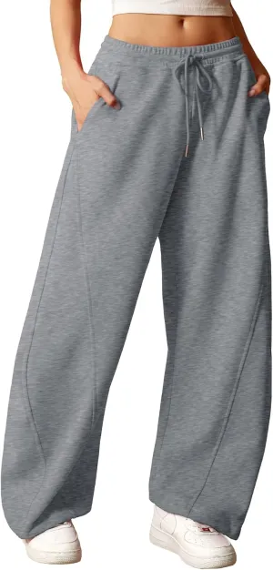 ELLEVEN Women's Y2K Wide Leg Sweatpants - High Elastic Waist Baggy Pants with Pockets & Adjustable Ankle Drawstring Cuffs