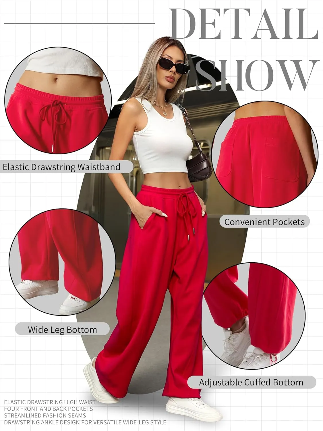 ELLEVEN Women's Y2K Wide Leg Sweatpants - High Elastic Waist Baggy Pants with Pockets & Adjustable Ankle Drawstring Cuffs