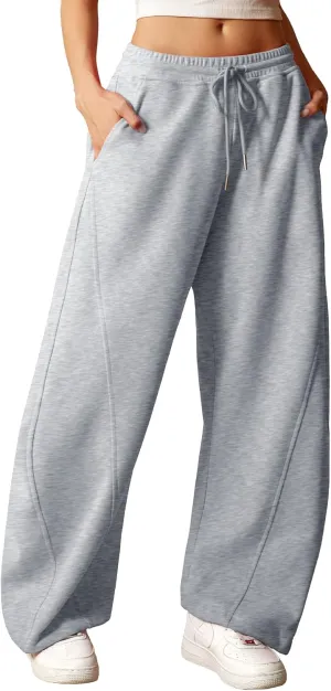 ELLEVEN Women's Y2K Wide Leg Sweatpants - High Elastic Waist Baggy Pants with Pockets & Adjustable Ankle Drawstring Cuffs