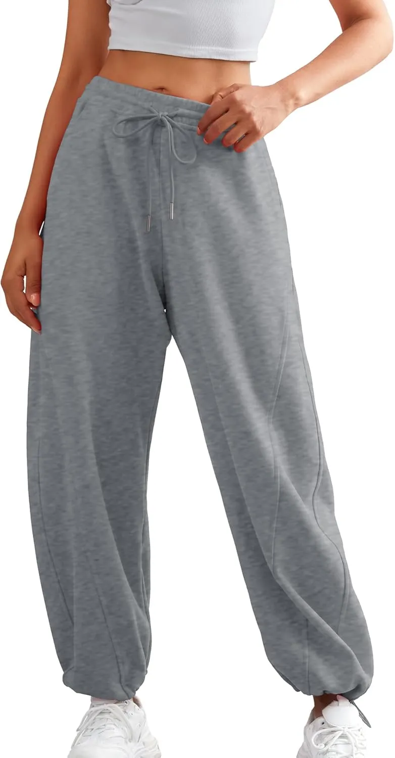 ELLEVEN Women's Y2K Wide Leg Sweatpants - High Elastic Waist Baggy Pants with Pockets & Adjustable Ankle Drawstring Cuffs
