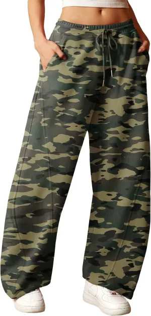 ELLEVEN Women's Y2K Wide Leg Sweatpants - High Elastic Waist Baggy Pants with Pockets & Adjustable Ankle Drawstring Cuffs
