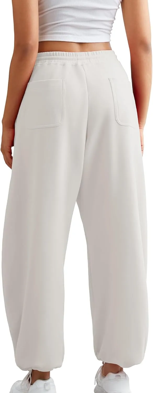 ELLEVEN Women's Y2K Wide Leg Sweatpants - High Elastic Waist Baggy Pants with Pockets & Adjustable Ankle Drawstring Cuffs