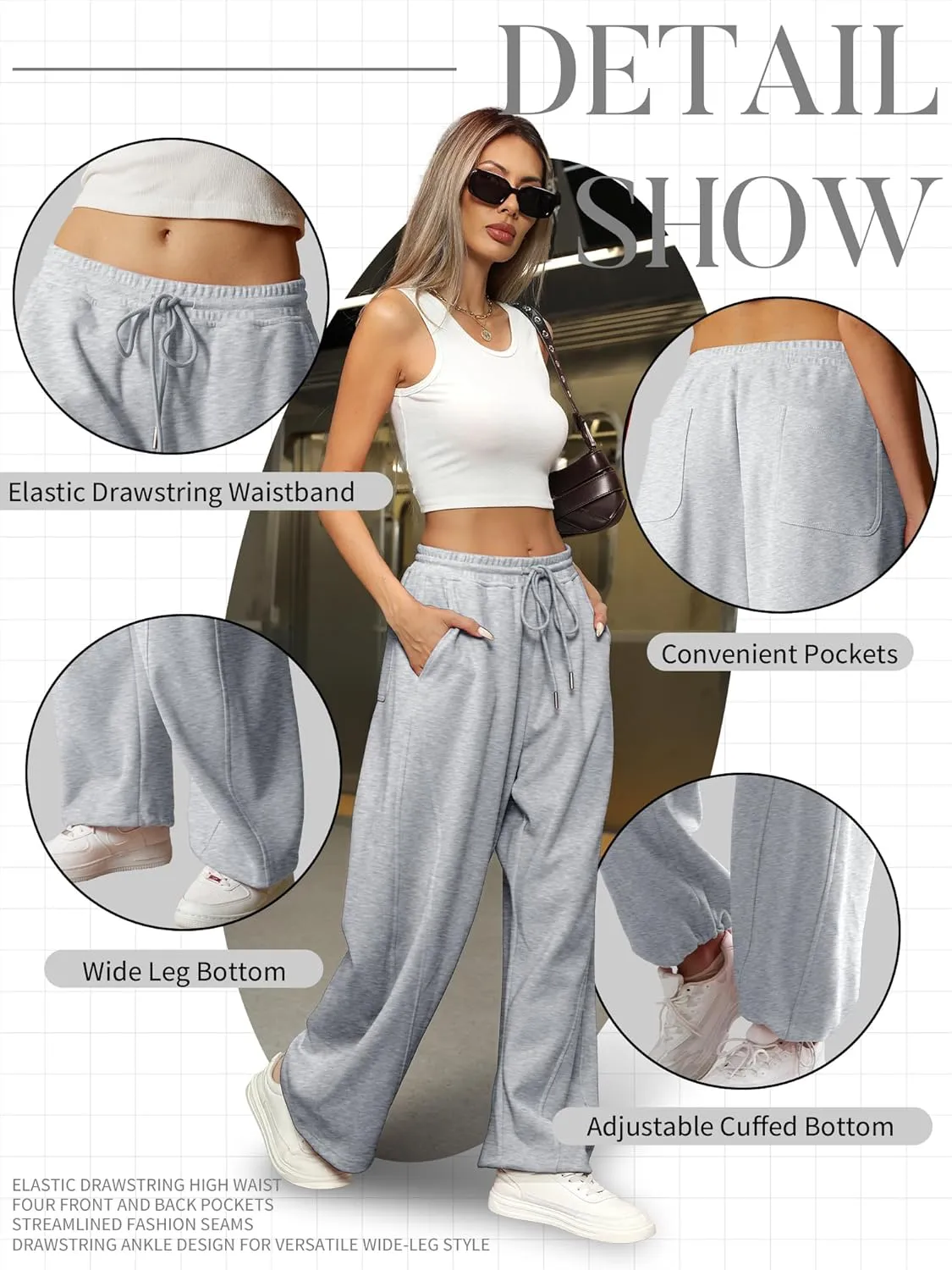 ELLEVEN Women's Y2K Wide Leg Sweatpants - High Elastic Waist Baggy Pants with Pockets & Adjustable Ankle Drawstring Cuffs