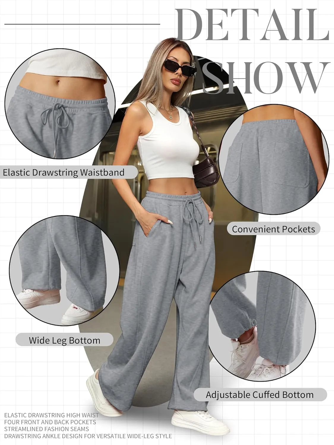ELLEVEN Women's Y2K Wide Leg Sweatpants - High Elastic Waist Baggy Pants with Pockets & Adjustable Ankle Drawstring Cuffs