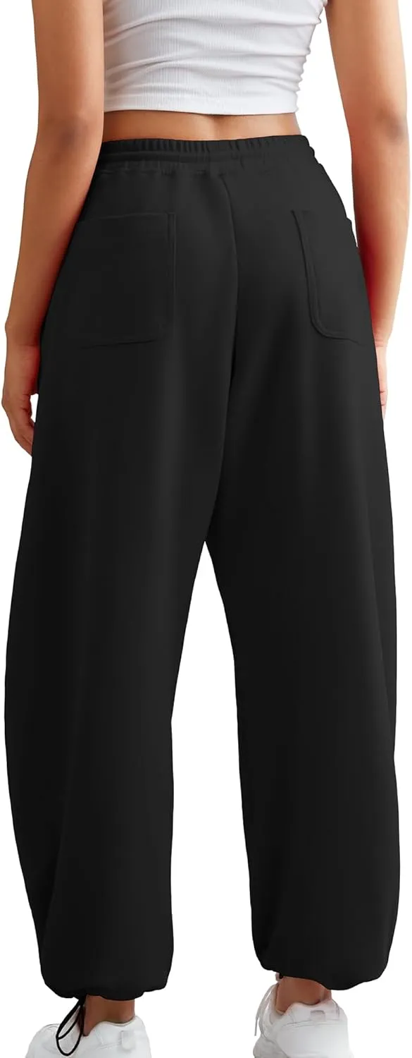 ELLEVEN Women's Y2K Wide Leg Sweatpants - High Elastic Waist Baggy Pants with Pockets & Adjustable Ankle Drawstring Cuffs