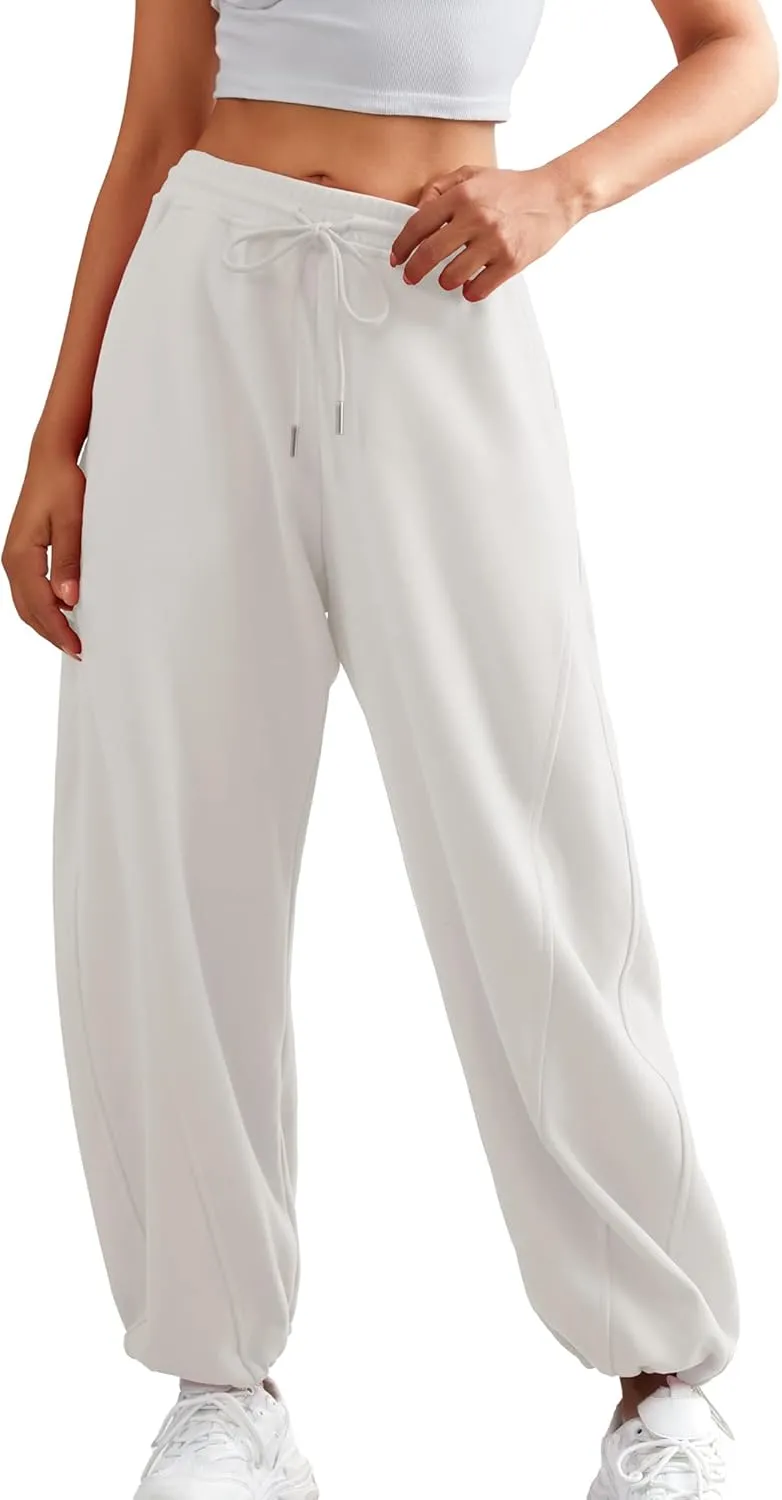 ELLEVEN Women's Y2K Wide Leg Sweatpants - High Elastic Waist Baggy Pants with Pockets & Adjustable Ankle Drawstring Cuffs