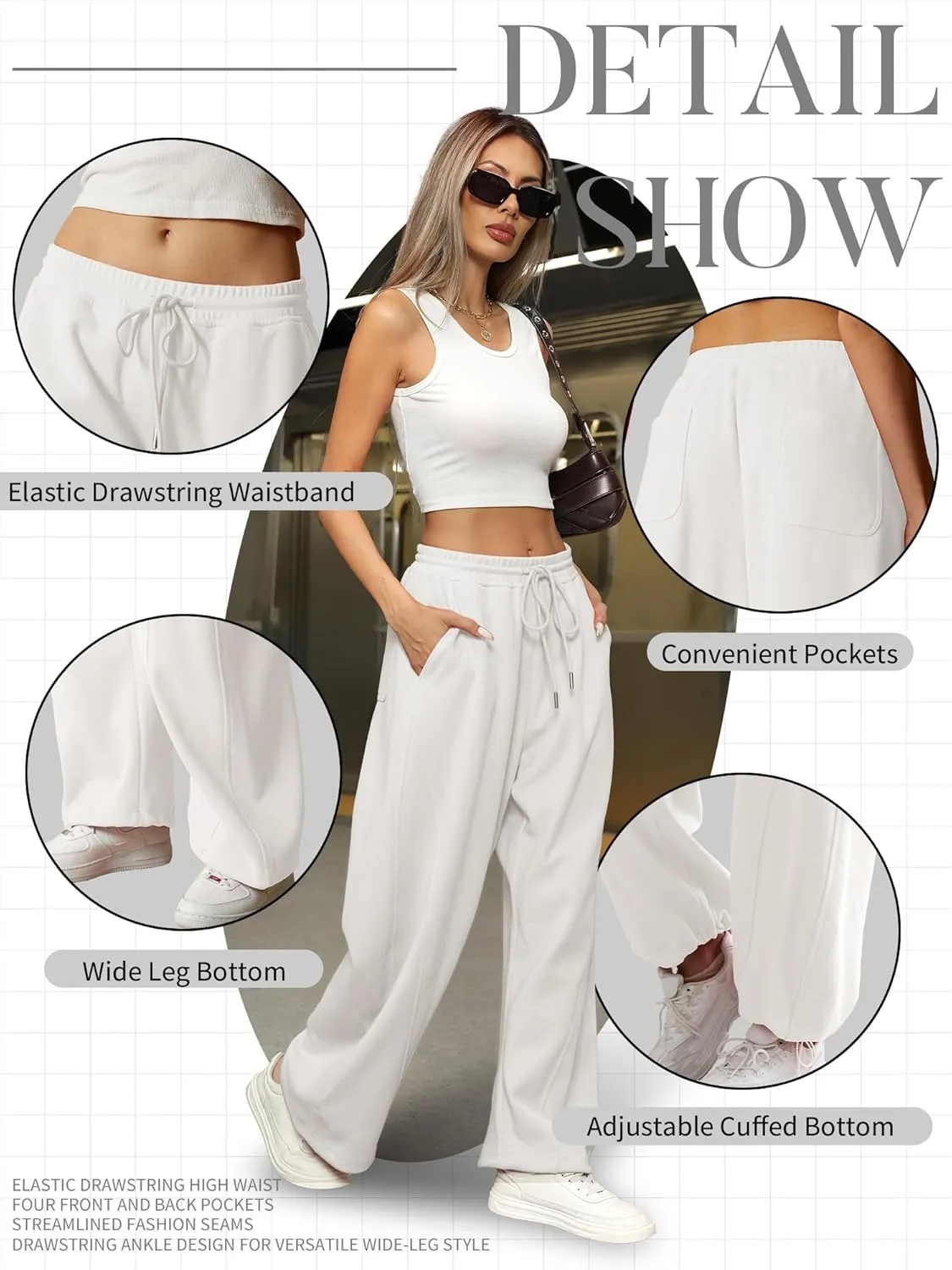 ELLEVEN Women's Y2K Wide Leg Sweatpants - High Elastic Waist Baggy Pants with Pockets & Adjustable Ankle Drawstring Cuffs