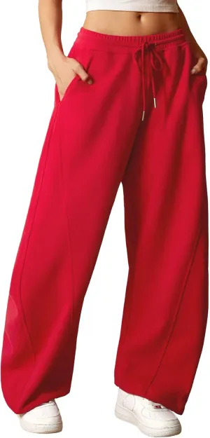 ELLEVEN Women's Y2K Wide Leg Sweatpants - High Elastic Waist Baggy Pants with Pockets & Adjustable Ankle Drawstring Cuffs