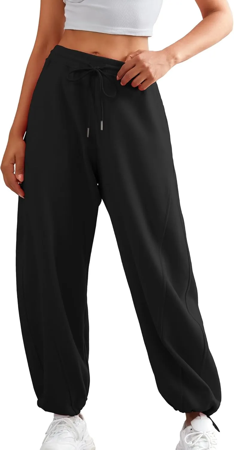 ELLEVEN Women's Y2K Wide Leg Sweatpants - High Elastic Waist Baggy Pants with Pockets & Adjustable Ankle Drawstring Cuffs