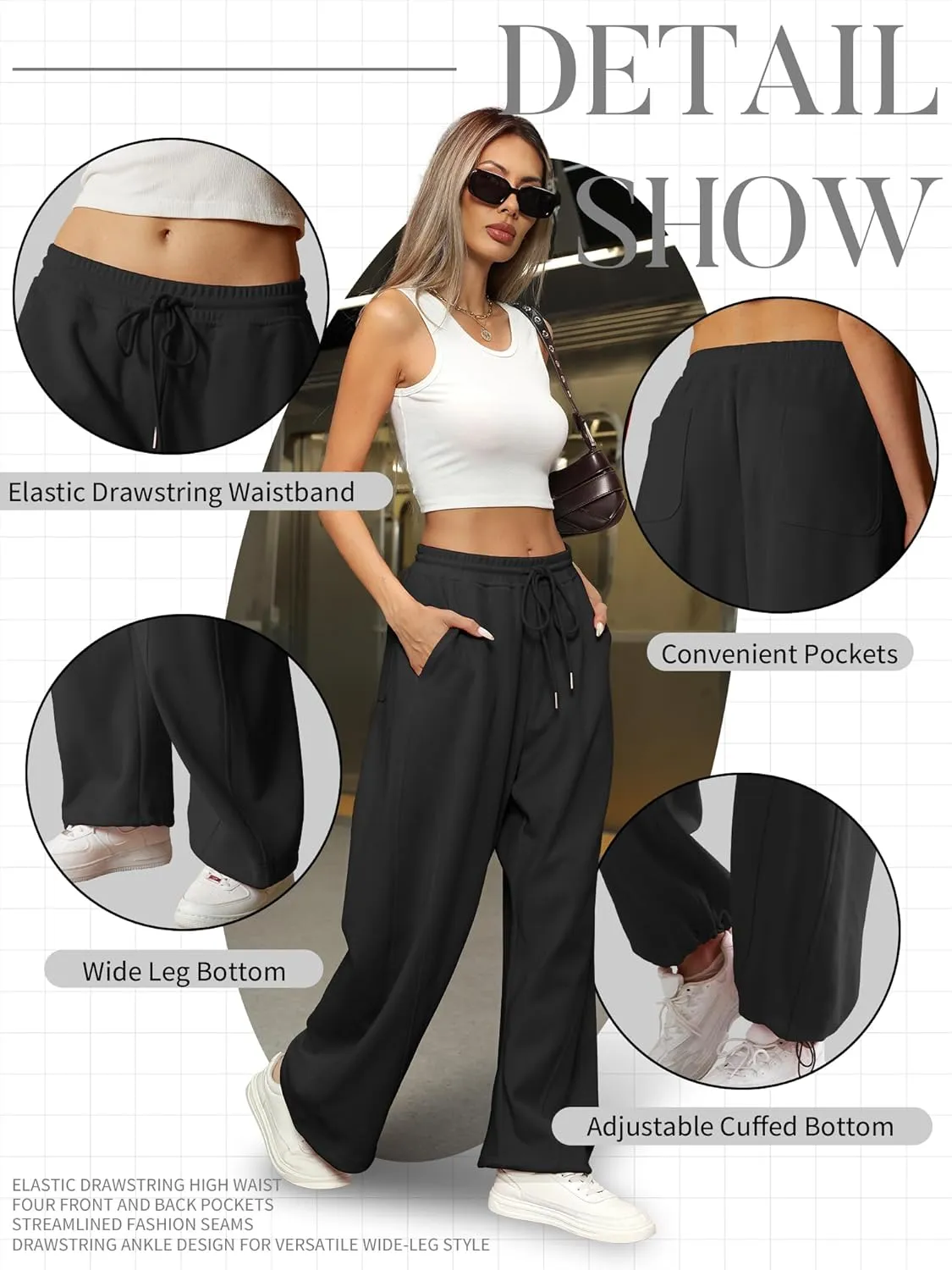ELLEVEN Women's Y2K Wide Leg Sweatpants - High Elastic Waist Baggy Pants with Pockets & Adjustable Ankle Drawstring Cuffs