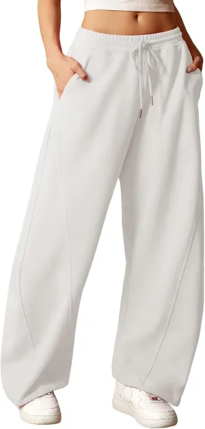 ELLEVEN Women's Y2K Wide Leg Sweatpants - High Elastic Waist Baggy Pants with Pockets & Adjustable Ankle Drawstring Cuffs
