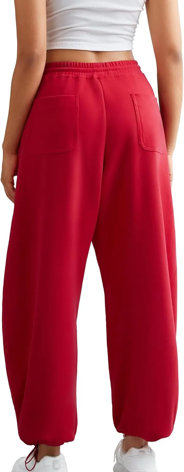 ELLEVEN Women's Y2K Wide Leg Sweatpants - High Elastic Waist Baggy Pants with Pockets & Adjustable Ankle Drawstring Cuffs