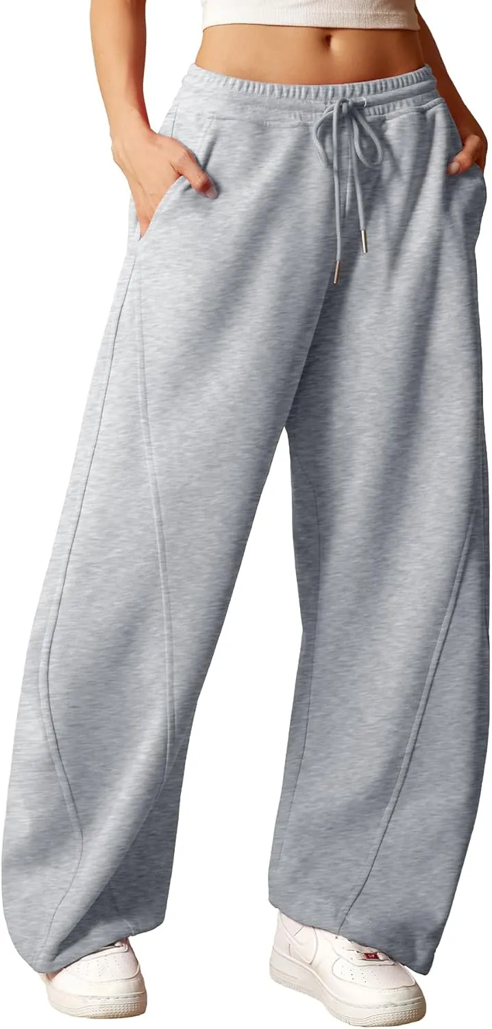 ELLEVEN Women's Y2K Wide Leg Sweatpants - High Elastic Waist Baggy Pants with Pockets & Adjustable Ankle Drawstring Cuffs