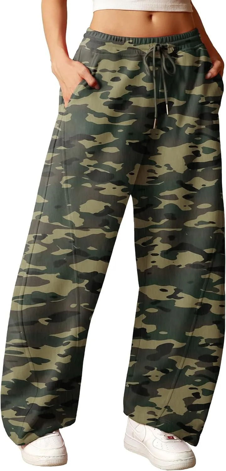 ELLEVEN Women's Y2K Wide Leg Sweatpants - High Elastic Waist Baggy Pants with Pockets & Adjustable Ankle Drawstring Cuffs