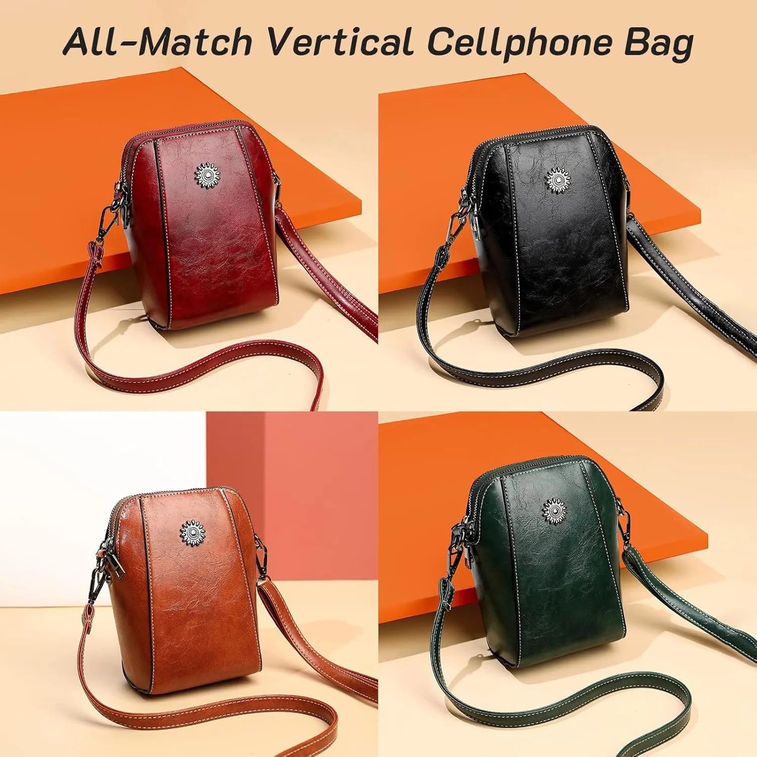 Elmyse Crossbody Bag Leather, Retro All-Match Vertical Cellphone Bag, Crossbody Leather Shoulder Bags and Clutches