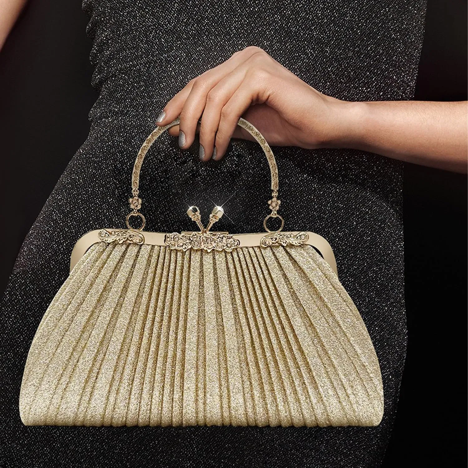 Evening Bag Party Clutches,Glitter Clutch Pleated Wedding Bag,Cocktail Prom Handbags Prom Purse Handbag for women.