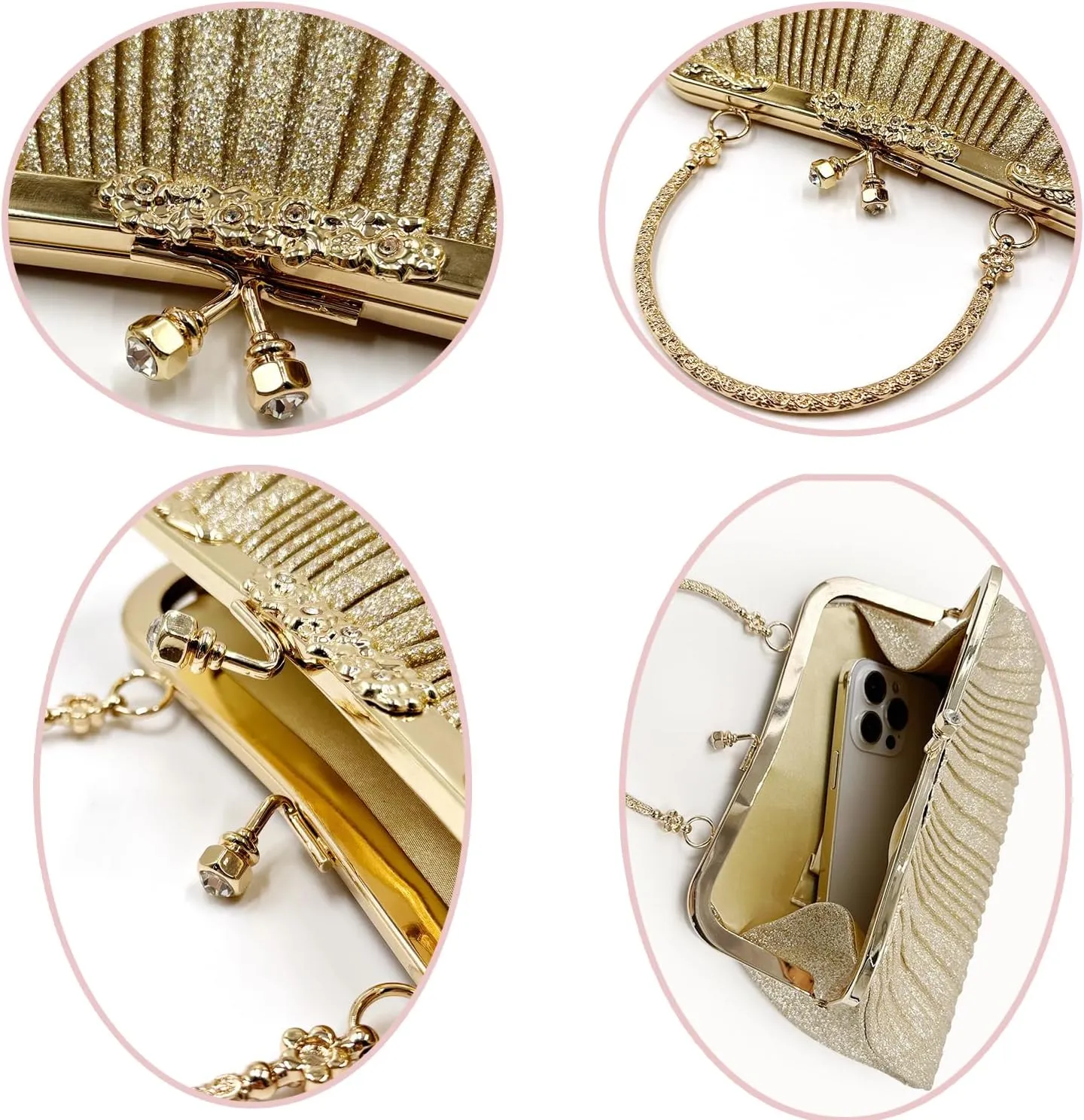 Evening Bag Party Clutches,Glitter Clutch Pleated Wedding Bag,Cocktail Prom Handbags Prom Purse Handbag for women.