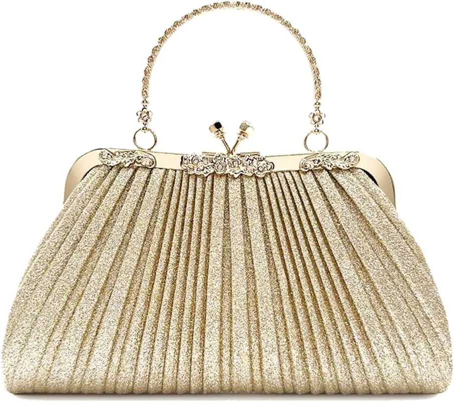 Evening Bag Party Clutches,Glitter Clutch Pleated Wedding Bag,Cocktail Prom Handbags Prom Purse Handbag for women.