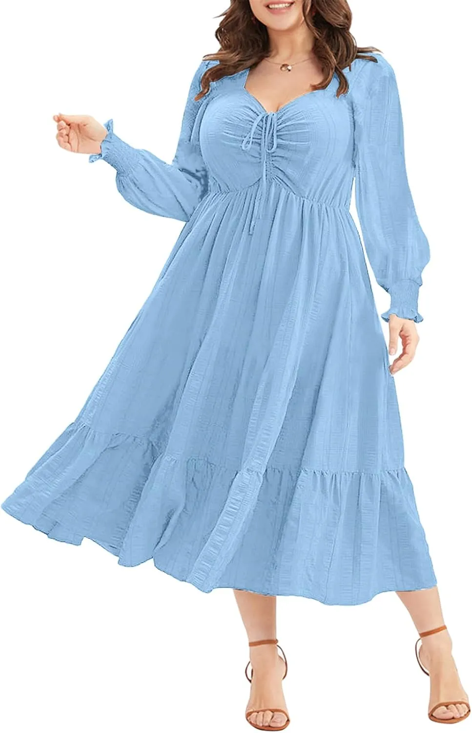 Eytino Plus Size Dress for Women Long Sleeve Sweetheart Neck Ruffle Long Maxi Dresses(1X-5X)