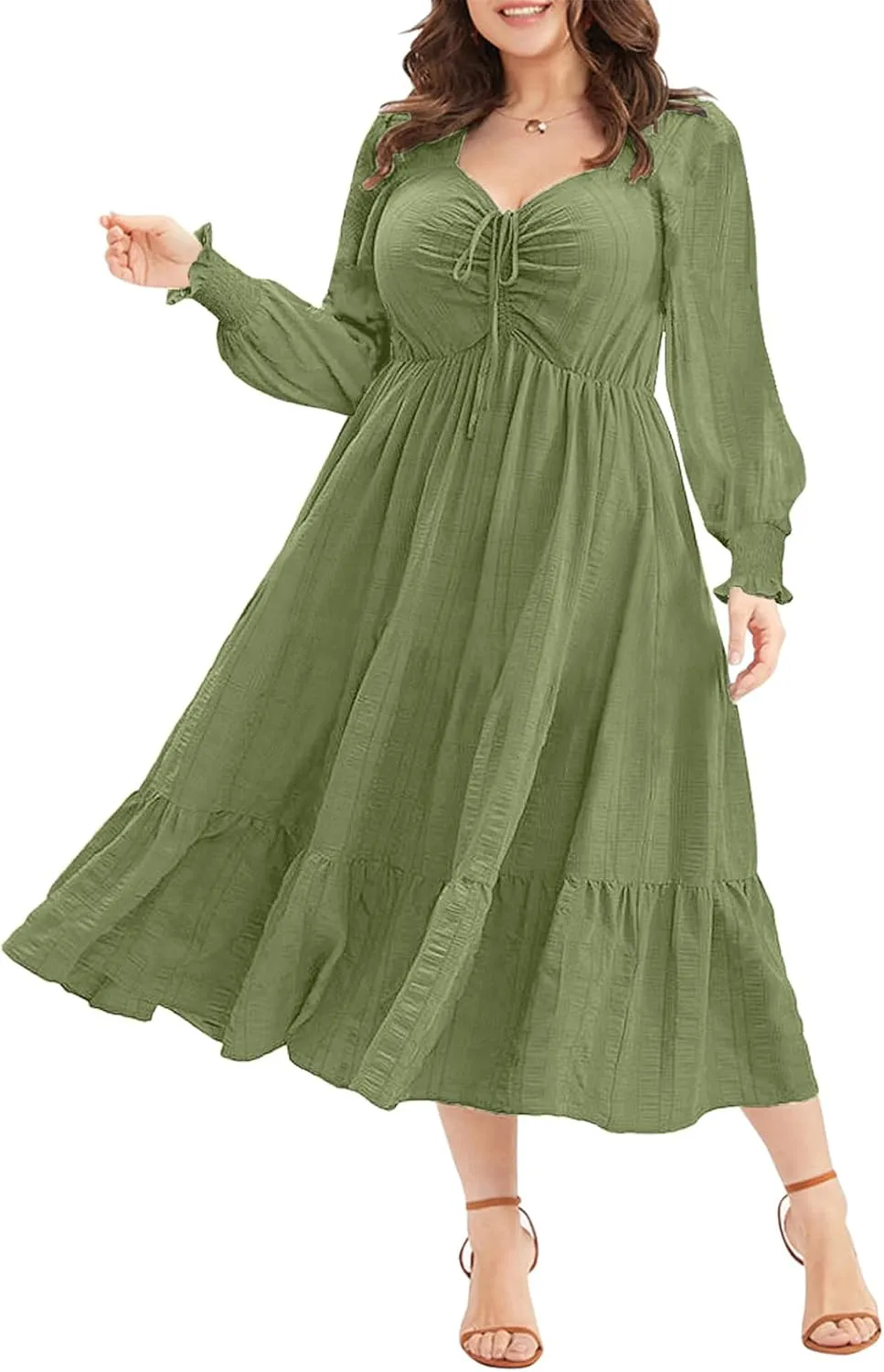 Eytino Plus Size Dress for Women Long Sleeve Sweetheart Neck Ruffle Long Maxi Dresses(1X-5X)