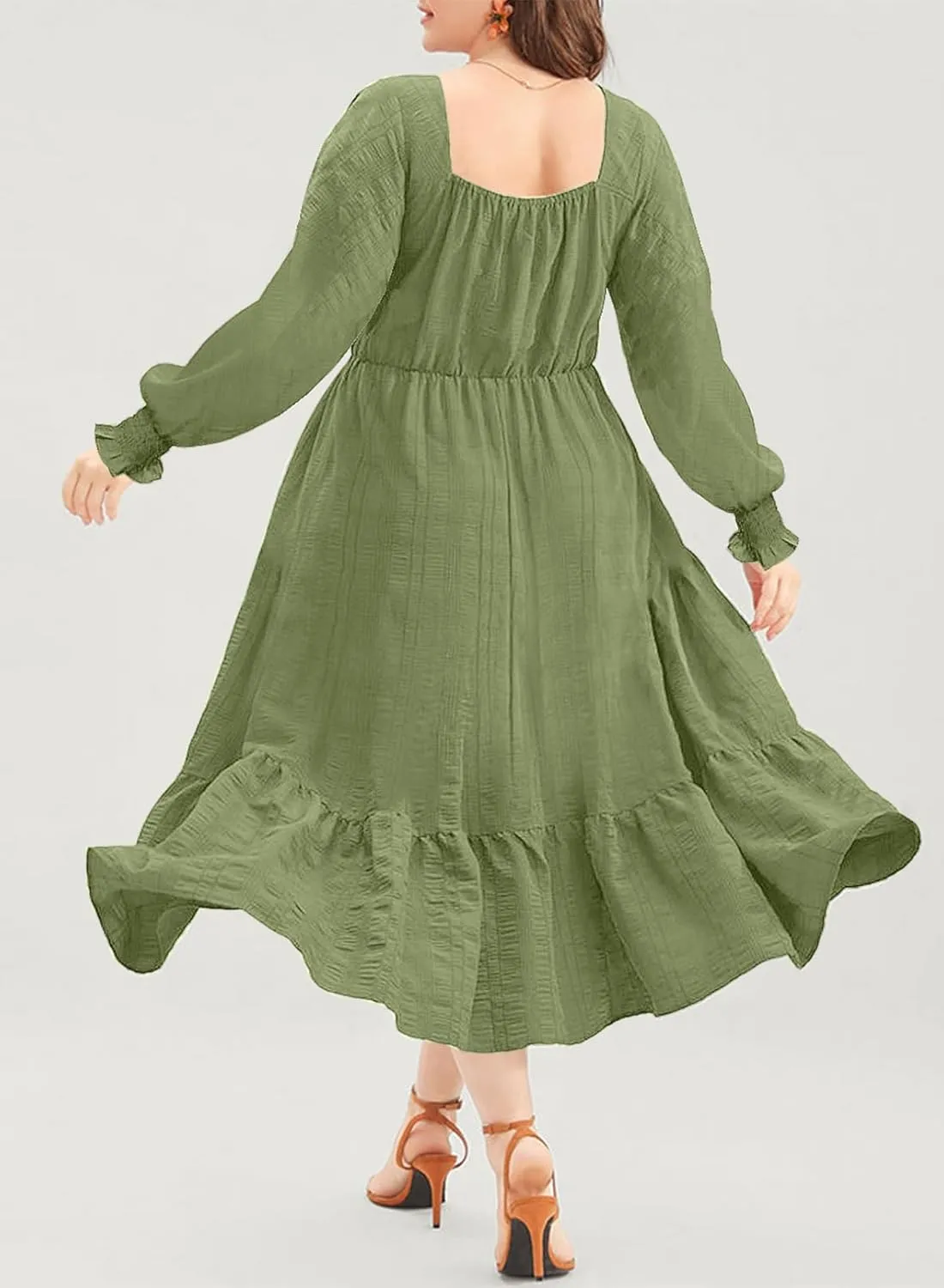 Eytino Plus Size Dress for Women Long Sleeve Sweetheart Neck Ruffle Long Maxi Dresses(1X-5X)