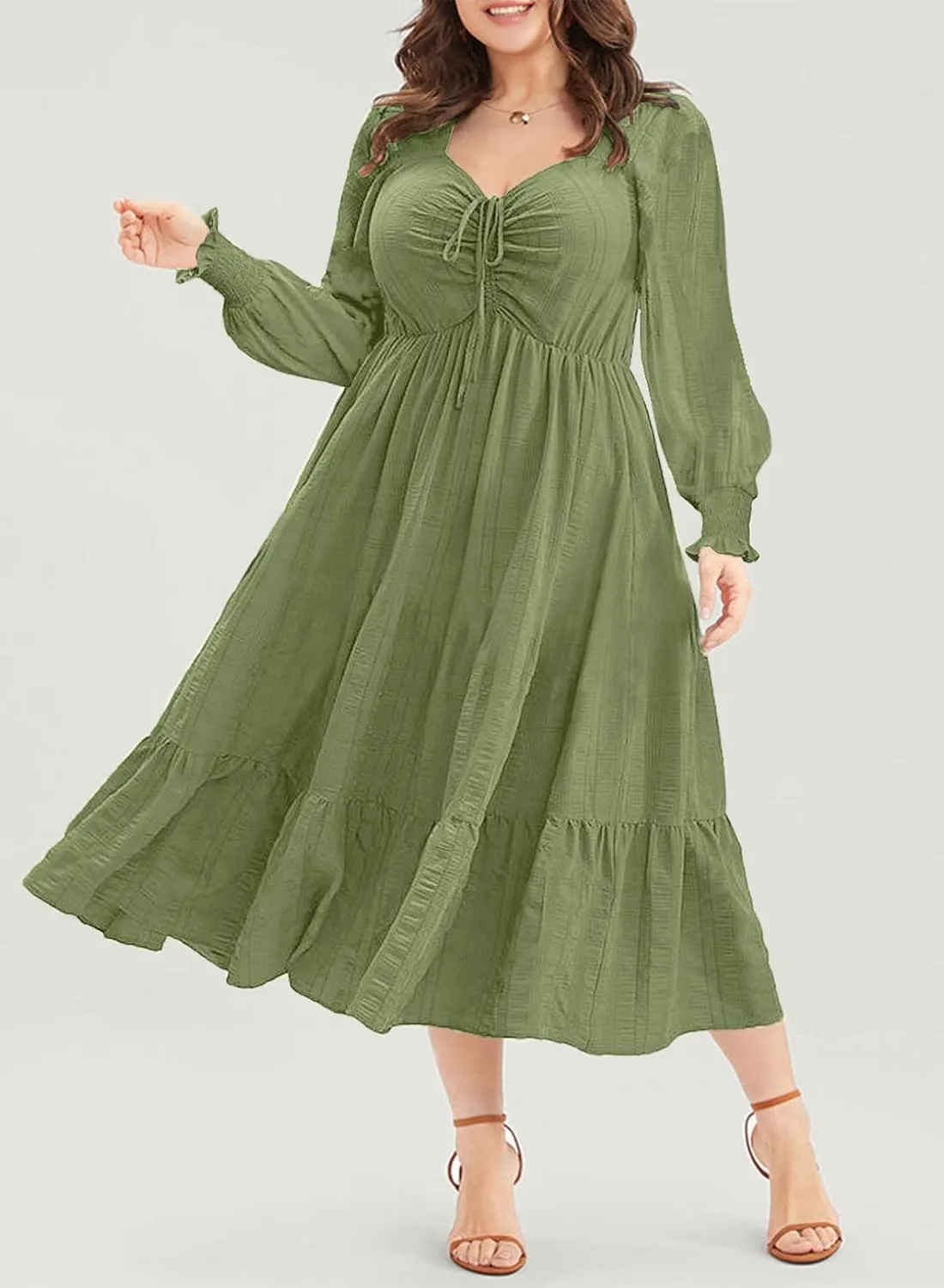 Eytino Plus Size Dress for Women Long Sleeve Sweetheart Neck Ruffle Long Maxi Dresses(1X-5X)